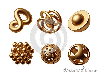 3d rendering. Different geometric golden shapes set. Modern minimal metal objects, isolated on white background Stock Photo