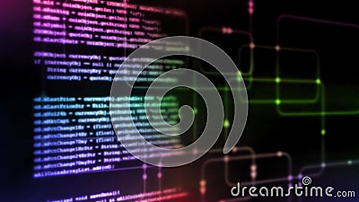 3D Rendering of Digital abstract technology. Programming script binary coding snippet on glowing software flowchart background. Stock Photo