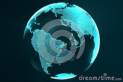 3d rendering digital Earth hologram concept. Technology image of globe blue futuristic color with light rays. Stock Photo