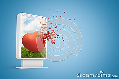 3d rendering of digital information display showing cute red heart starting to dissolve in particles, on gradient blue Stock Photo