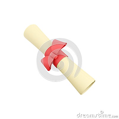 3D rendering Diploma, close sheet with red ribbon isolated on white background. 3d render Graduate degree icon. Stock Photo