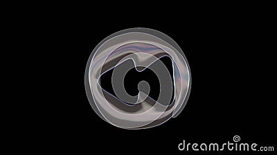 3D rendering of distorted transparent soap bubble in shape of symbol of rewind isolated on black background Stock Photo