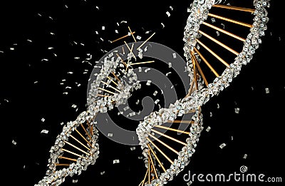 3D Rendering of DNA Covered with Dollar Banknotes Stock Photo