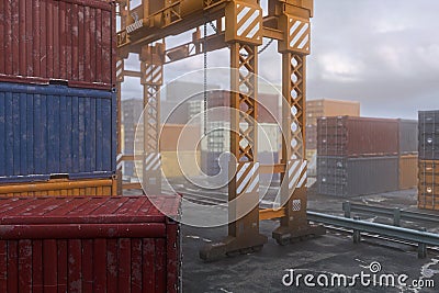 3D rendering of docklands shipping container yard with railway track and crane Cartoon Illustration