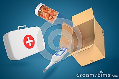 3d rendering of doctor`s case, electrical thermometer, jar full of pills and empty cardboard box on blue background. Stock Photo