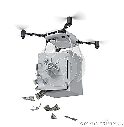 3d rendering of drone with camera carrying unlocked light gray money safe, with dollar bills falling out, isolated on Stock Photo