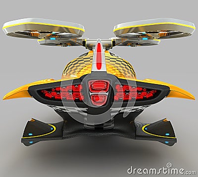 3D rendering of an e-taxi self-propelled Quadcopter drone with two passengers. Stock Photo