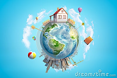 3d rendering of Earth in blue sky, with huge one-storey house placed on top and big skyscraper city on its south pole. Stock Photo