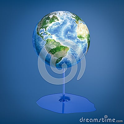 3d rendering of earth globe with blue thick liquid melting off on blue background Stock Photo