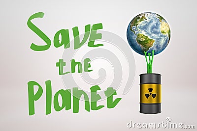 3d rendering of earth globe stuck to black toxic waste barrel with green sticky slime and Save the Planet sign on white Stock Photo