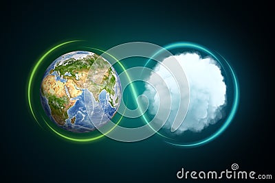 3d rendering of the Earth next to a white round fluffy cloud with a light line traced around them forming an infinity Stock Photo