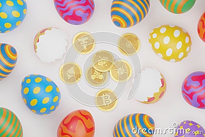 3D rendering Easter eggs with gold Bitcoin, XRP, Cardano, Tether, Binance and Ethereum top view, Cryptocurrency investment Editorial Stock Photo
