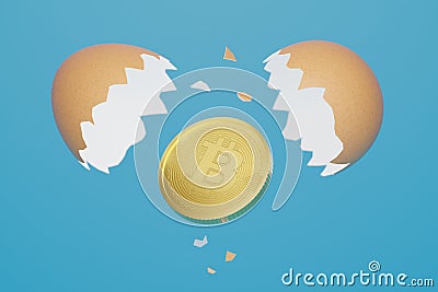 3D rendering Eggs cracked with gold Bitcoin BTC, Cryptocurrency new investment technology digital money concept design on blue Stock Photo