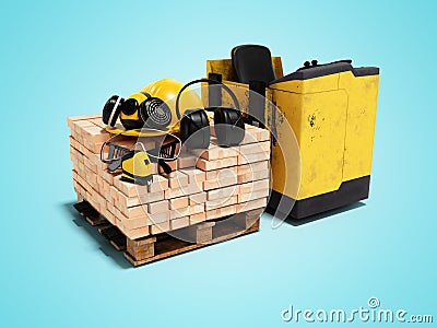 3d rendering of an electric forklift with pallet of bricks with construction tools on blue background with shadow Stock Photo