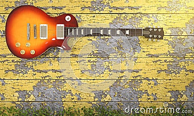 3d rendering electrical guitar near vintage wooden wall with ivy Stock Photo