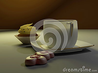 3d rendering porcelain coffee cup and chocolate hearts and cream cake Stock Photo