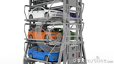 3D rendering - elevated automated car parking system Cartoon Illustration