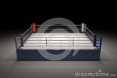 3d rendering of an empty boxing ring in the dark with its center spotlighted. Stock Photo