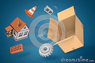 3d rendering of empty cardboard box, small house, warning cone, piece of spring coil, bricks, and gearwheel suspended in Stock Photo