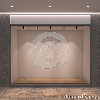 3d Rendering of an empty store window with wooden platform Stock Photo