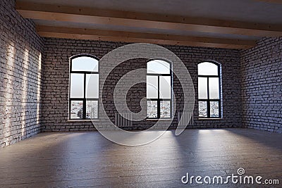 3d rendering of empty studio loft with white bricks Stock Photo