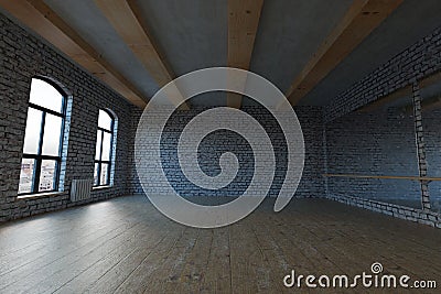 3d rendering of empty studio loft with white bricks Stock Photo