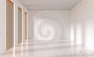 3d rendering Empty white room with whitewashed floating marble flooring and wooden window Stock Photo