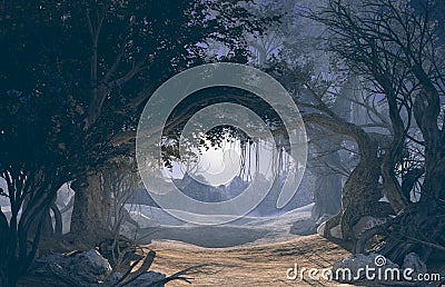 3d rendering of enchanted dark forest in the moonlight. Stock Photo