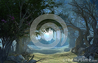 3d rendering of enchanted dark forest in the moonlight. Stock Photo