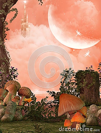 Enchanting Magical Fairy Woods and Castle Stock Photo