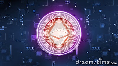 3D Rendering of ethereum coin ETH on computer circuit board. Editorial Stock Photo