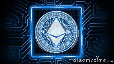 3D Rendering of ethereum coin ETH on computer circuit board. Editorial Stock Photo