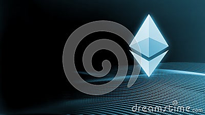3D Rendering of ethereum ETH coin on abstract dot binary wave geometry background Editorial Stock Photo