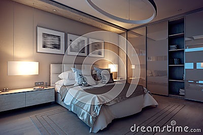 3D rendering evening bedroom house in the forest Stock Photo