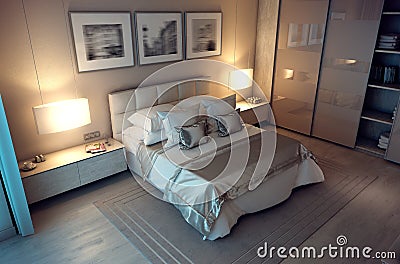 3D rendering evening bedroom house in the forest Stock Photo