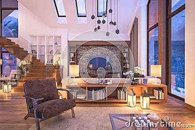 3D rendering of evening living room of chalet Stock Photo