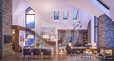 3D rendering of evening living room of chalet Stock Photo