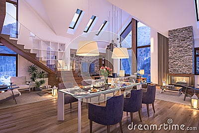 3D rendering of evening living room of chalet Stock Photo