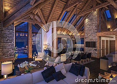 3D rendering of evening living room of chalet Stock Photo