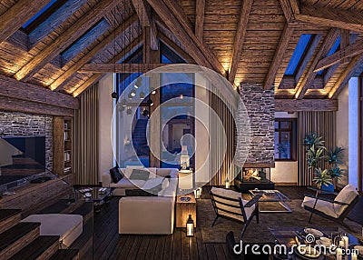 3D rendering of evening living room of chalet Stock Photo