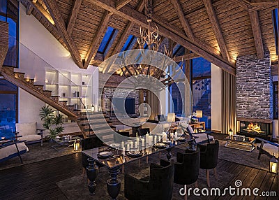 3D rendering of evening living room of chalet Stock Photo