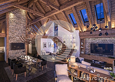 3D rendering of evening living room of chalet Stock Photo