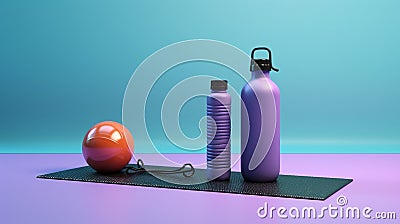 3D rendering Exercise mat with weights and watter bottle fitness. Stock Photo