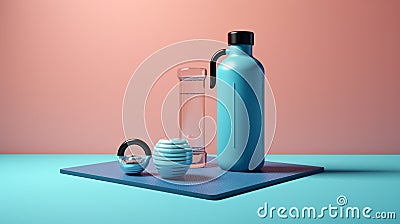 3D rendering Exercise mat with weights and watter bottle fitness Stock Photo