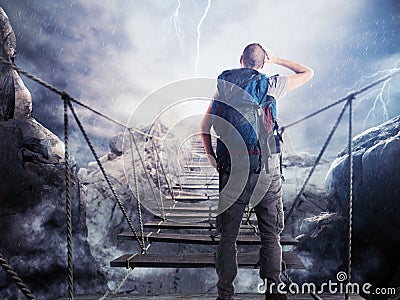 3D Rendering of explorer on unstable bridge Stock Photo