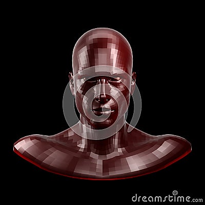 3D rendering. Faceted red robot face with red eyes looking front on camera. Stock Photo