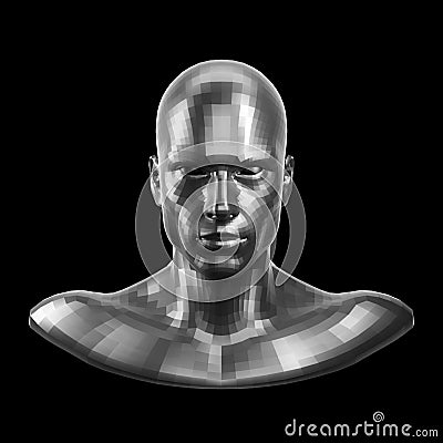 3D rendering. Faceted silver robot face with eyes looking front on camera Stock Photo