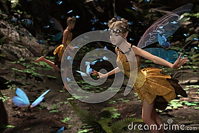 A fairies flying in magical forest Stock Photo