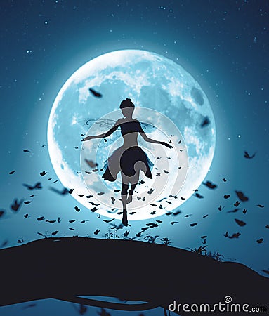 Fairy flying in a magical night surrounded by flock butterflies in moonlight Stock Photo