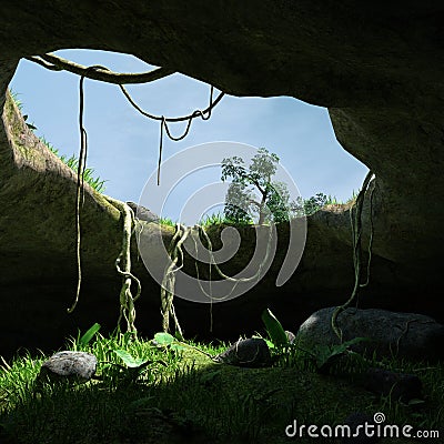 3d illustration of a fantasy cave entrance with a colorful sky Stock Photo